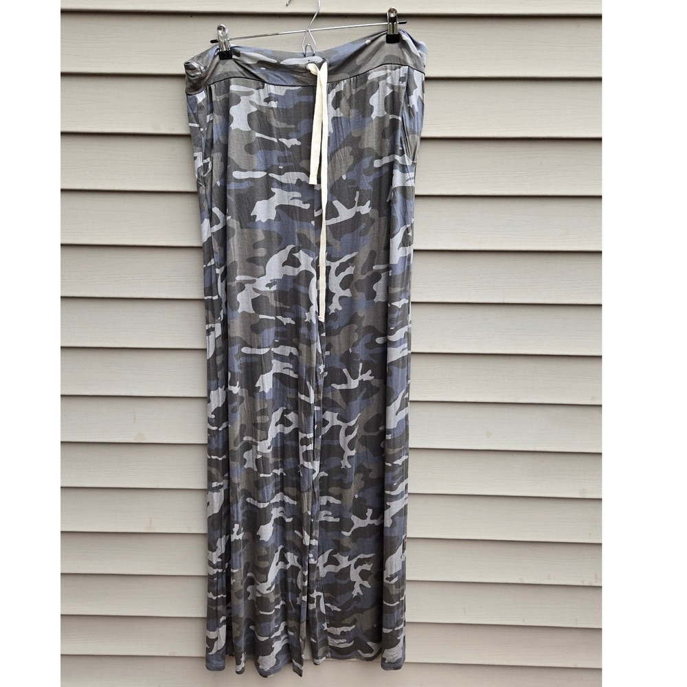 Womens Green Grey Camo Print Wide Leg Pajama Lounge Pants with Drawstring